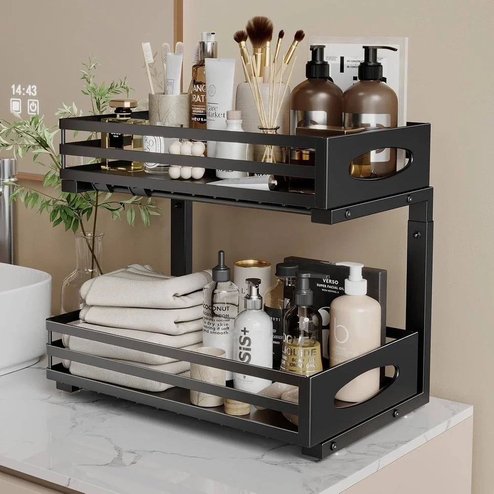 Mixeshop 2PK Black Under Sink Organizer Sliding Drawer Tiered Metal Storage Rack